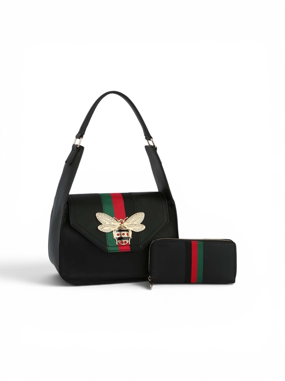 Black Shoulder Bag and Wallet Set with Green-Red Stripe and Gold Bee Accent